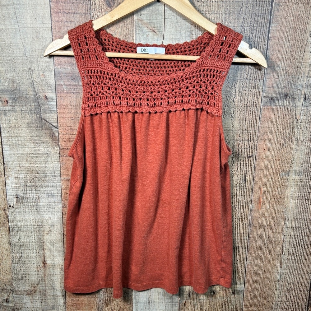DR2 Burnt Orange Linen Blend Crochet Lace Yoke Sleeveless Tank Top Boho Large